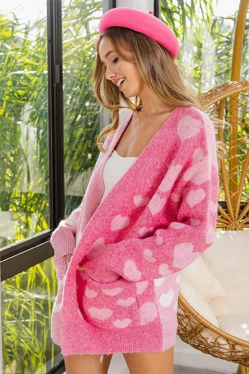 BiBi Heart Color Block V-Beck Knit Cardigan with Pockets BiBi Heart Color Block V-Beck Knit Cardigan with Pockets