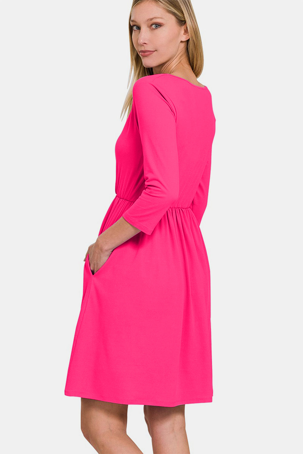 Zenana Three-Quarter Sleeve Surplice Dress with Pockets Zenana Three-Quarter Sleeve Surplice Dress with Pockets - TopFashionHQ