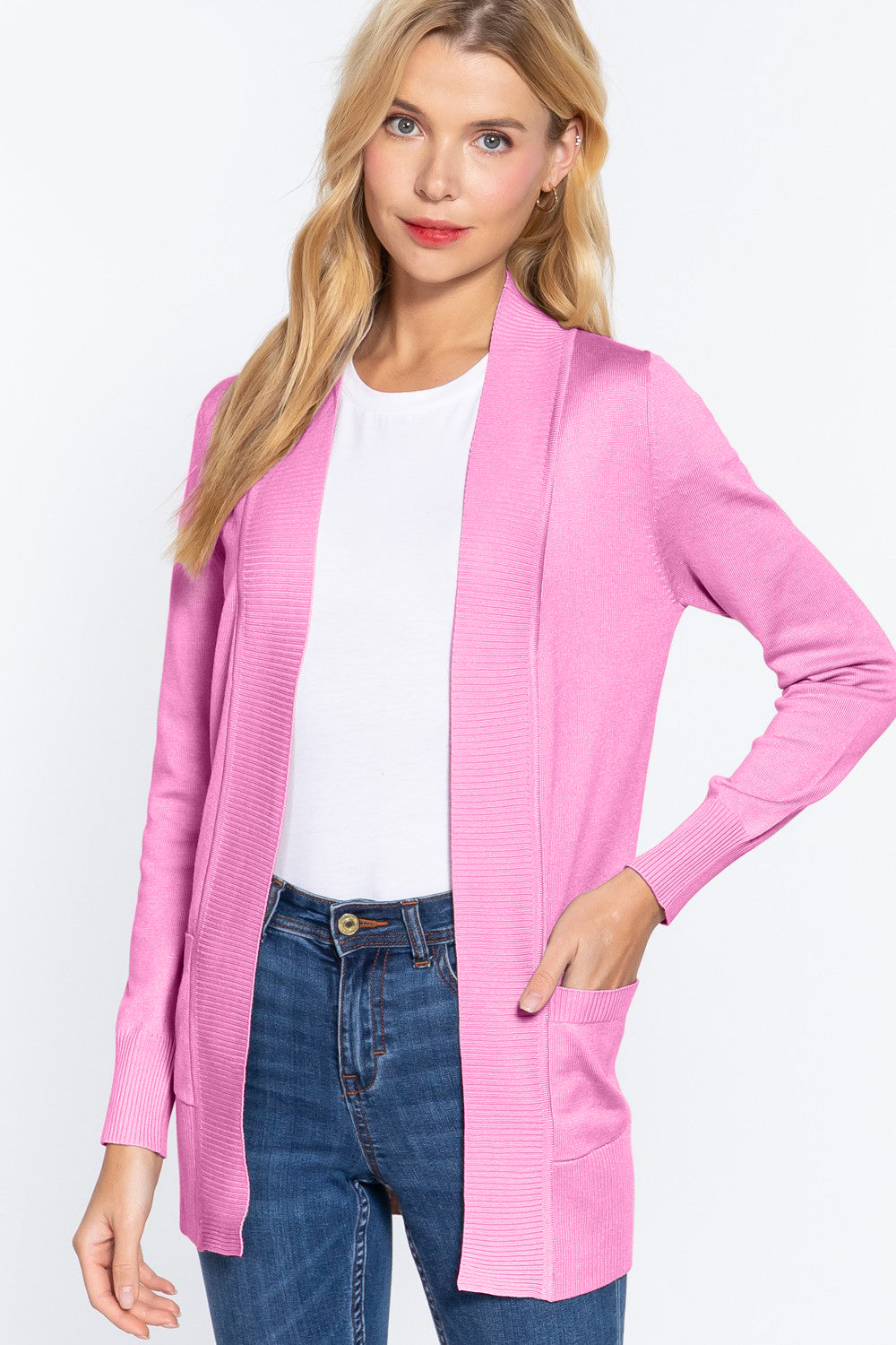 ACTIVE BASIC Ribbed Trim Open Front Cardigan ACTIVE BASIC Ribbed Trim Open Front Cardigan - TopFashionHQ