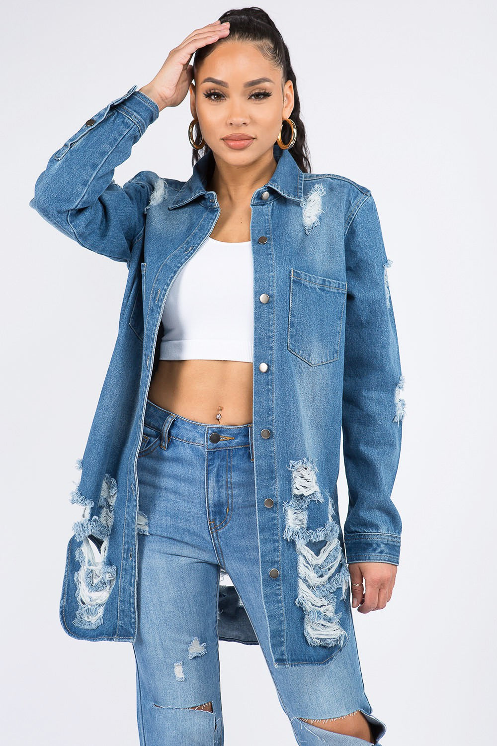 American Bazi Distressed Button Down Denim Shirt Jacket American Bazi Distressed Button Down Denim Shirt Jacket - TopFashionHQ