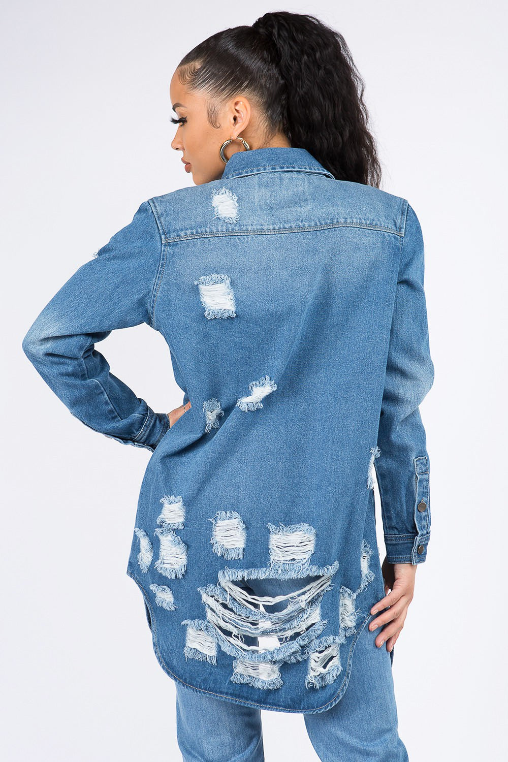 American Bazi Distressed Button Down Denim Shirt Jacket American Bazi Distressed Button Down Denim Shirt Jacket - TopFashionHQ