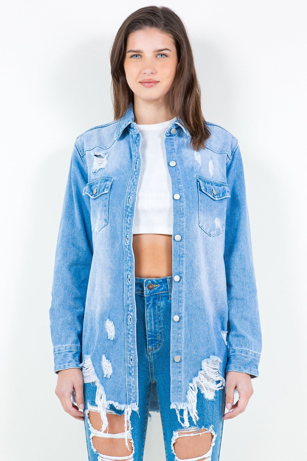 American Bazi Frayed Hem Distressed Denim Shirt Jacket American Bazi Frayed Hem Distressed Denim Shirt Jacket - TopFashionHQ
