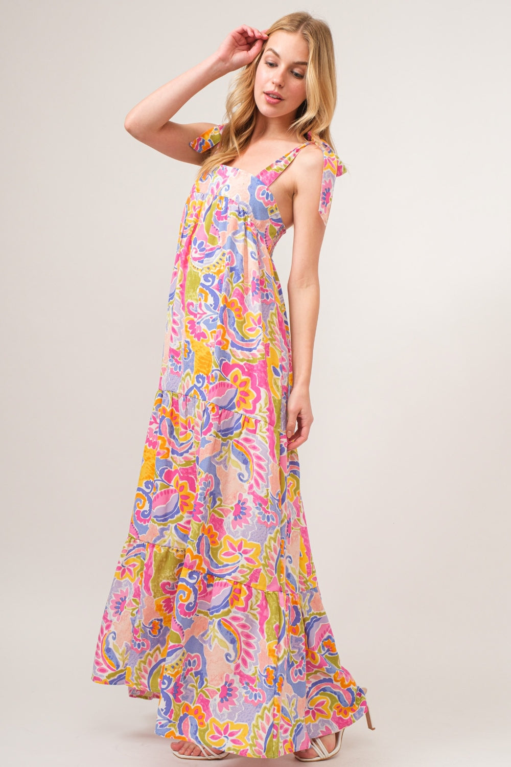 And The Why Full Size Printed Tie Shoulder Tiered Maxi Dress And The Why Full Size Printed Tie Shoulder Tiered Maxi Dress - TopFashionHQ