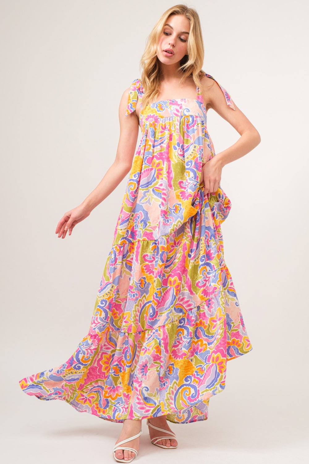 And The Why Full Size Printed Tie Shoulder Tiered Maxi Dress And The Why Full Size Printed Tie Shoulder Tiered Maxi Dress - TopFashionHQ