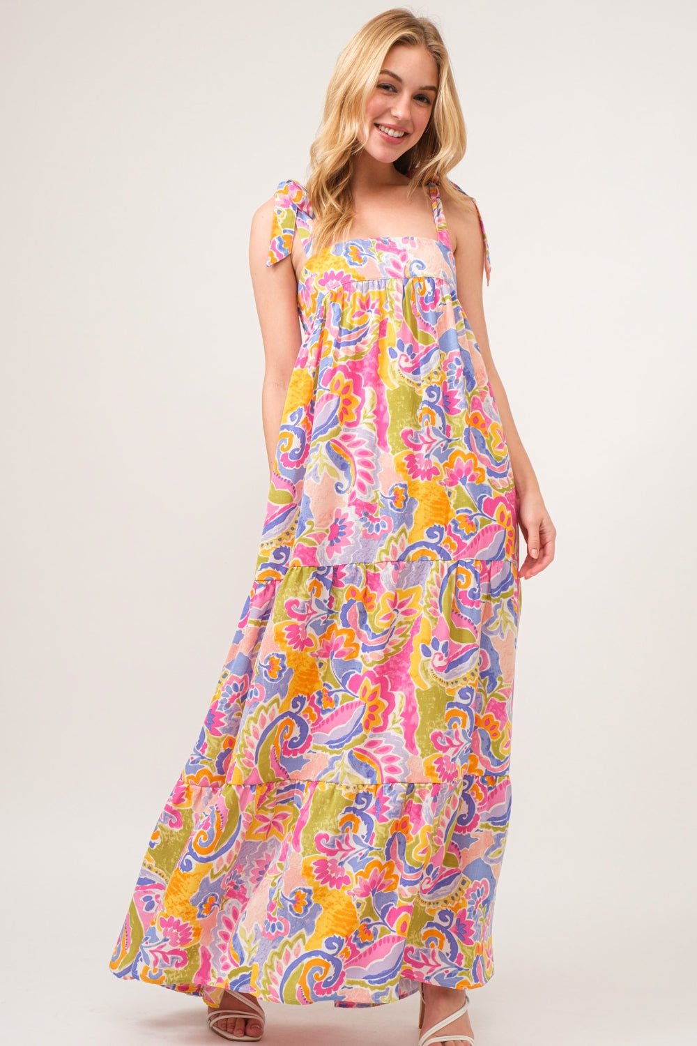 And The Why Full Size Printed Tie Shoulder Tiered Maxi Dress And The Why Full Size Printed Tie Shoulder Tiered Maxi Dress - TopFashionHQ