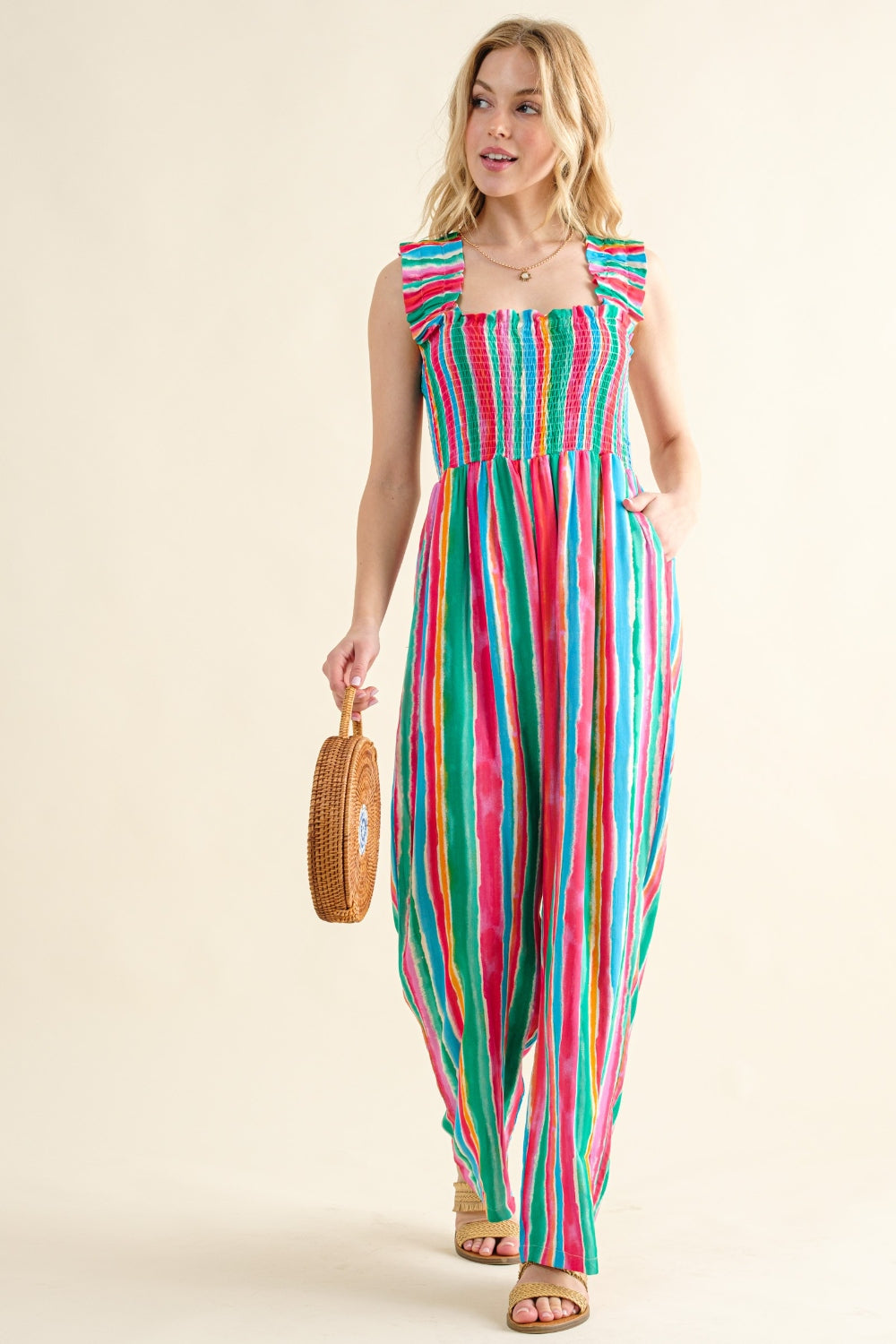 And The Why Full Size Striped Smocked Sleeveless Jumpsuit And The Why Full Size Striped Smocked Sleeveless Jumpsuit - TopFashionHQ