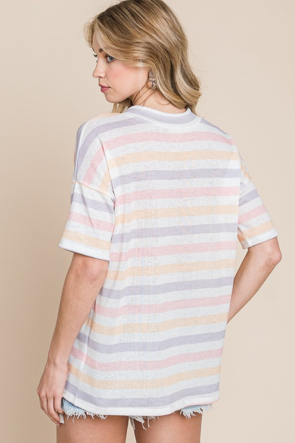 BOMBOM Striped V-Neck Short Sleeve T-Shirt BOMBOM Striped V-Neck Short Sleeve T-Shirt - TopFashionHQ