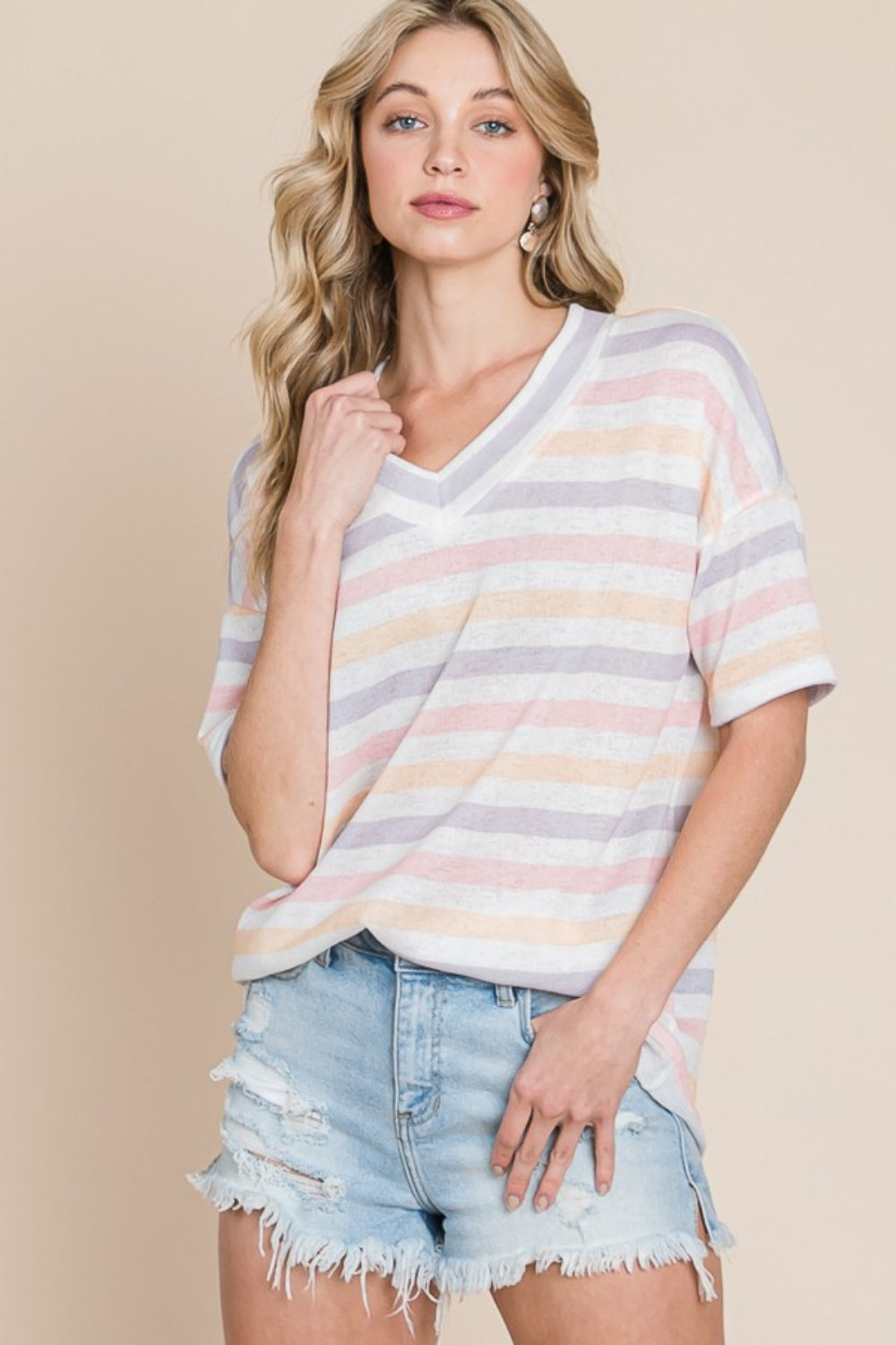 BOMBOM Striped V-Neck Short Sleeve T-Shirt BOMBOM Striped V-Neck Short Sleeve T-Shirt - TopFashionHQ