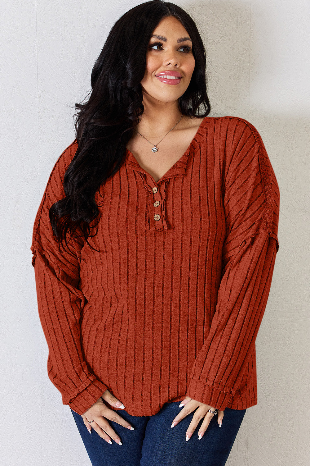 Basic Bae Full Size Ribbed Half Button Long Sleeve T-Shirt Basic Bae Full Size Ribbed Half Button Long Sleeve T-Shirt - TopFashionHQ