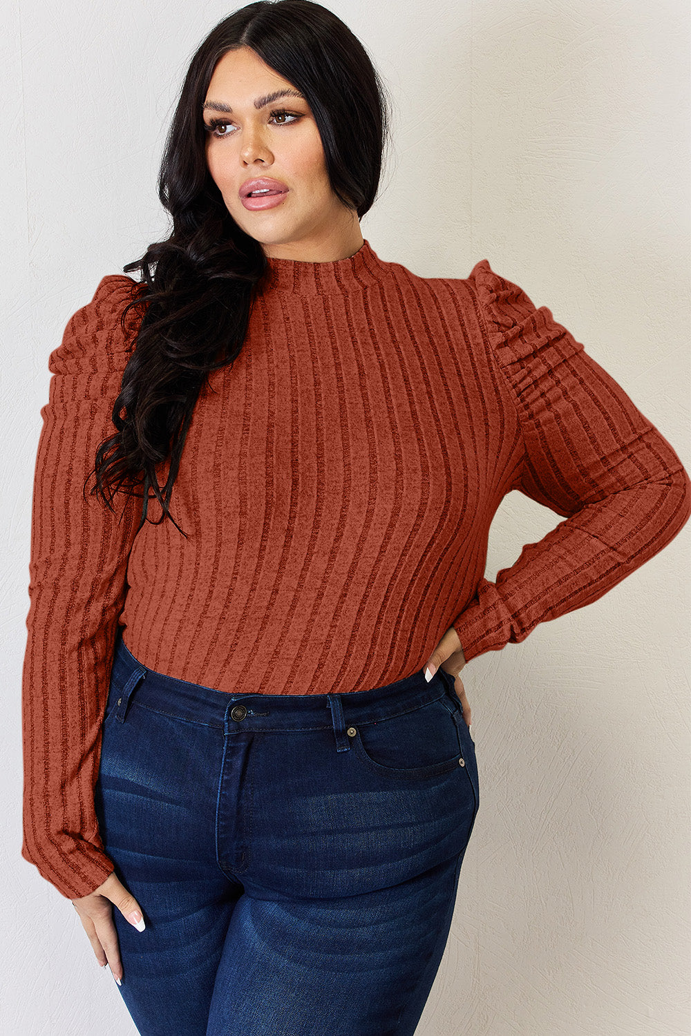 Basic Bae Full Size Ribbed Mock Neck Puff Sleeve T-Shirt Basic Bae Full Size Ribbed Mock Neck Puff Sleeve T-Shirt - TopFashionHQ