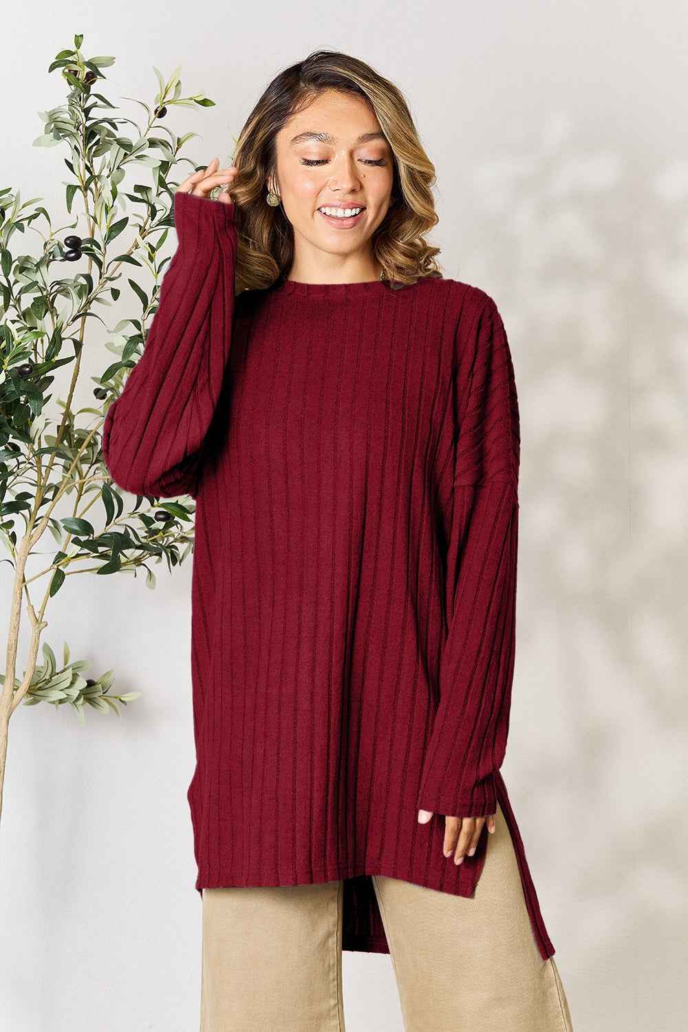 Basic Bae Full Size Ribbed Round Neck Long Sleeve Slit Top Basic Bae Full Size Ribbed Round Neck Long Sleeve Slit Top