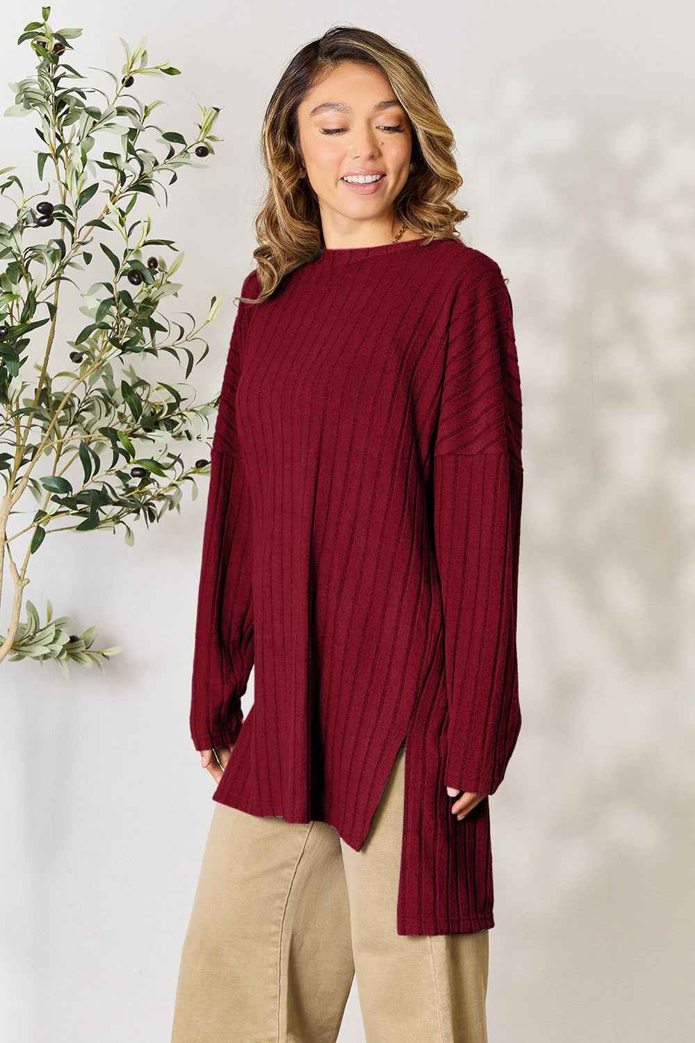 Basic Bae Full Size Ribbed Round Neck Long Sleeve Slit Top Basic Bae Full Size Ribbed Round Neck Long Sleeve Slit Top