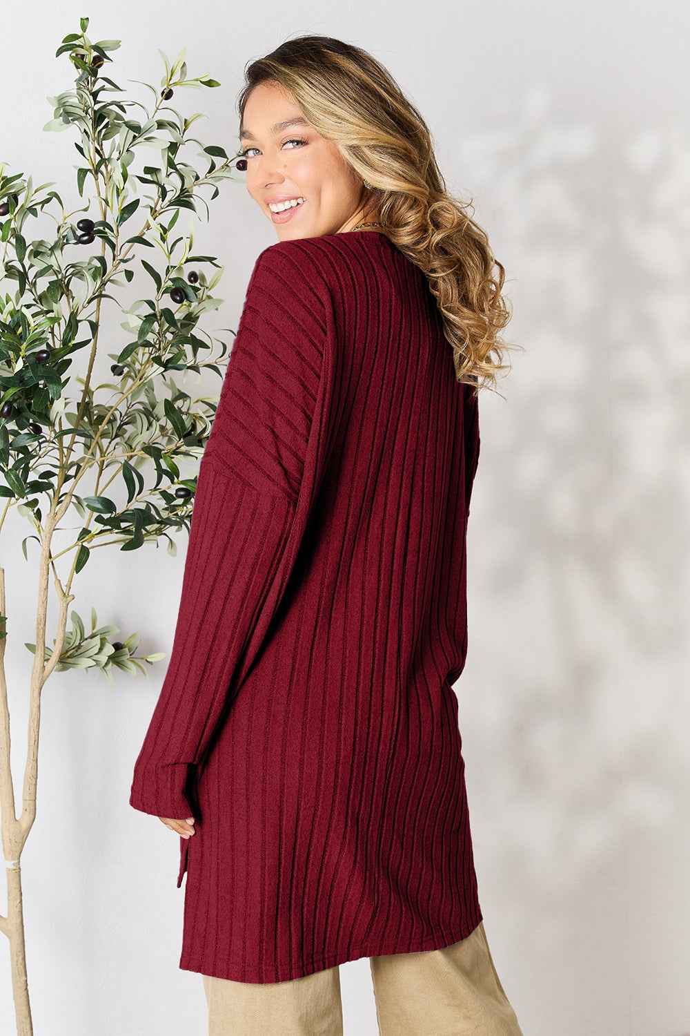 Basic Bae Full Size Ribbed Round Neck Long Sleeve Slit Top Basic Bae Full Size Ribbed Round Neck Long Sleeve Slit Top