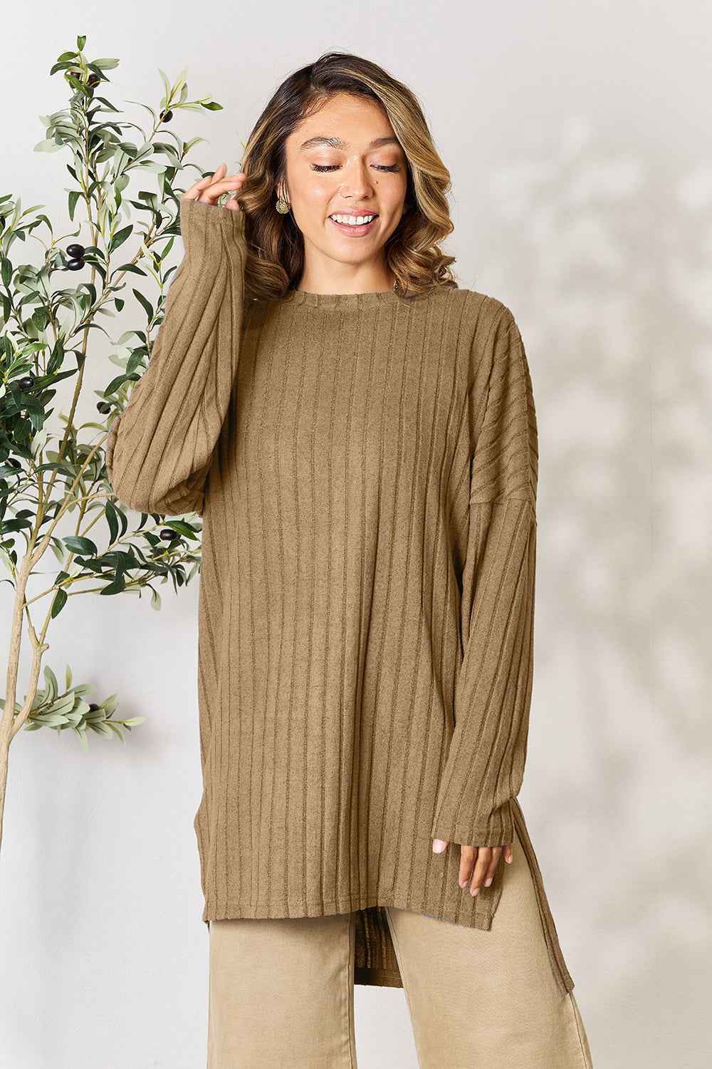 Basic Bae Full Size Ribbed Round Neck Long Sleeve Slit Top Basic Bae Full Size Ribbed Round Neck Long Sleeve Slit Top