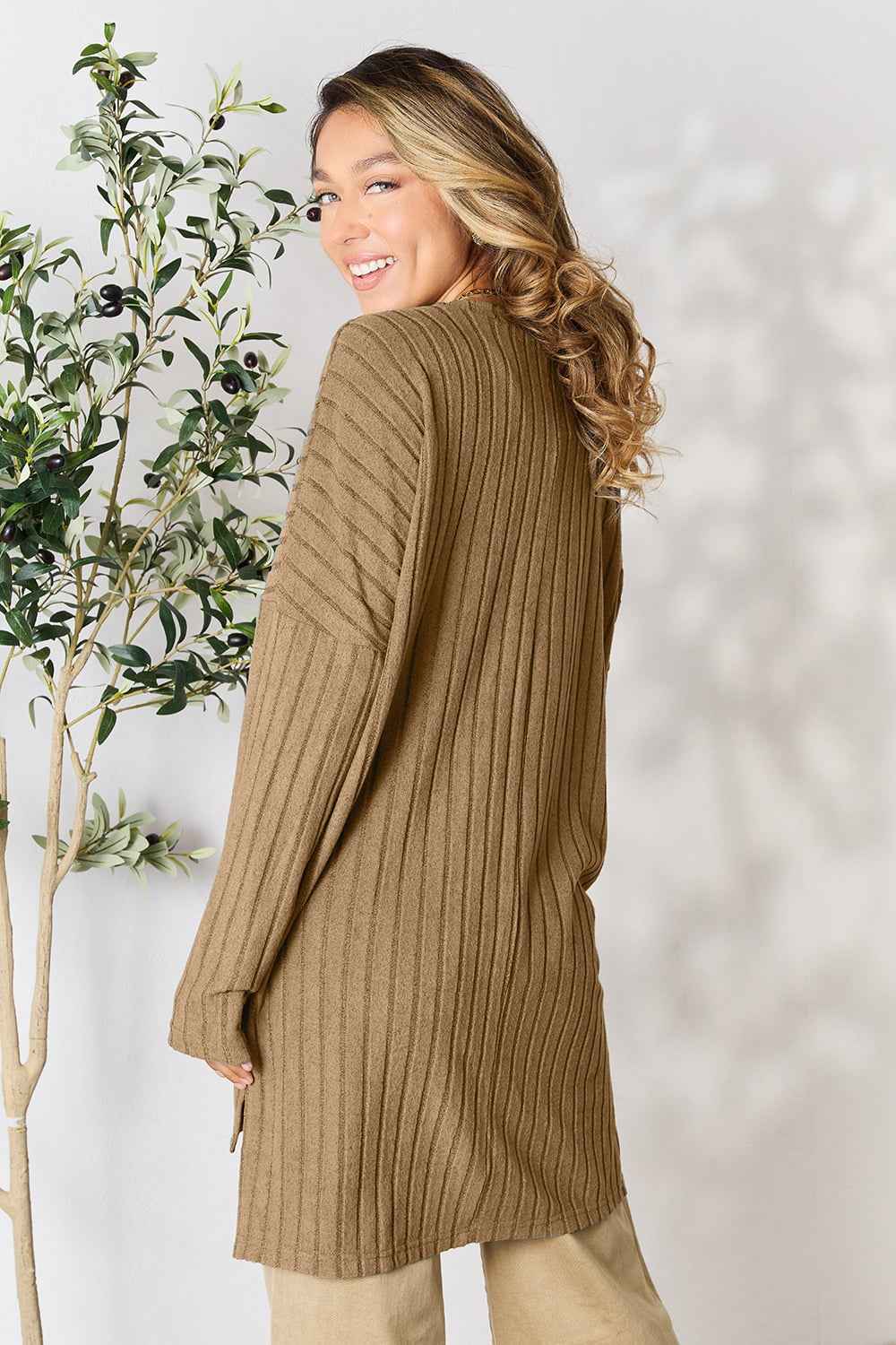 Basic Bae Full Size Ribbed Round Neck Long Sleeve Slit Top Basic Bae Full Size Ribbed Round Neck Long Sleeve Slit Top