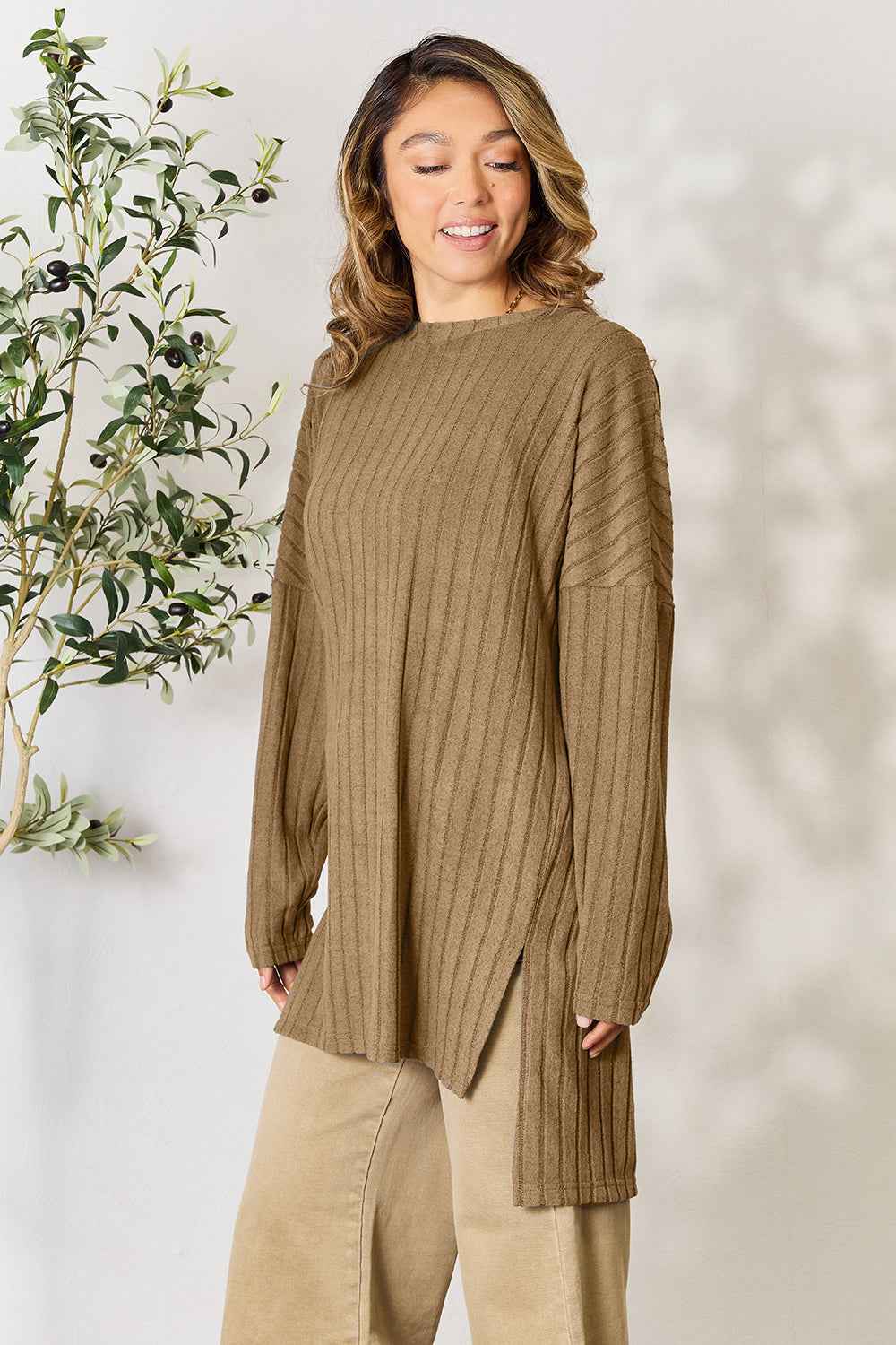Basic Bae Full Size Ribbed Round Neck Long Sleeve Slit Top Basic Bae Full Size Ribbed Round Neck Long Sleeve Slit Top