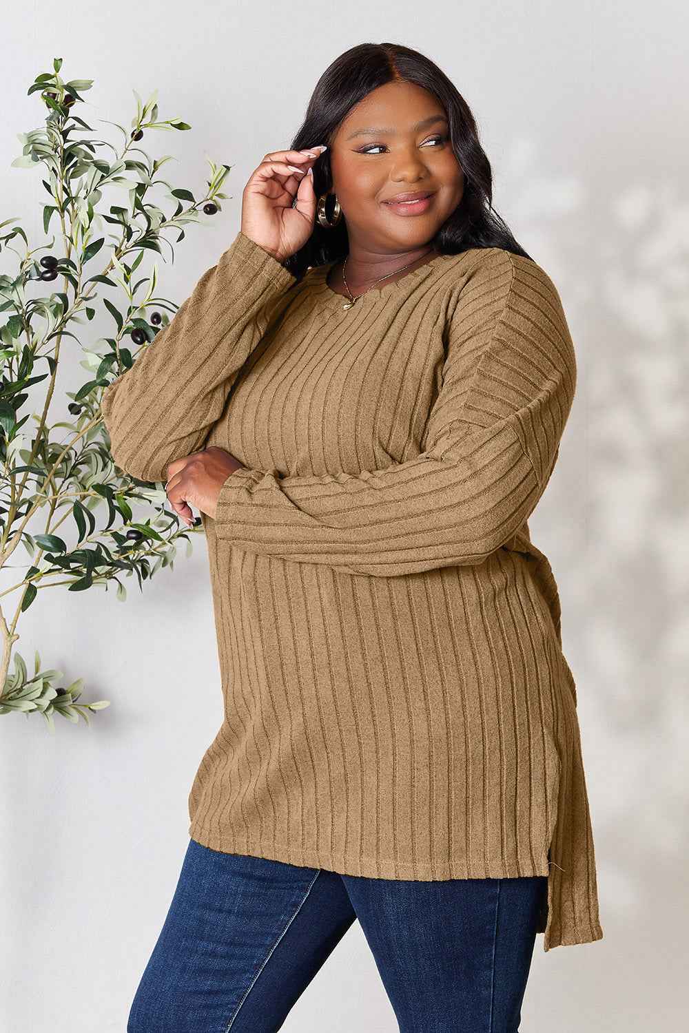Basic Bae Full Size Ribbed Round Neck Long Sleeve Slit Top Basic Bae Full Size Ribbed Round Neck Long Sleeve Slit Top