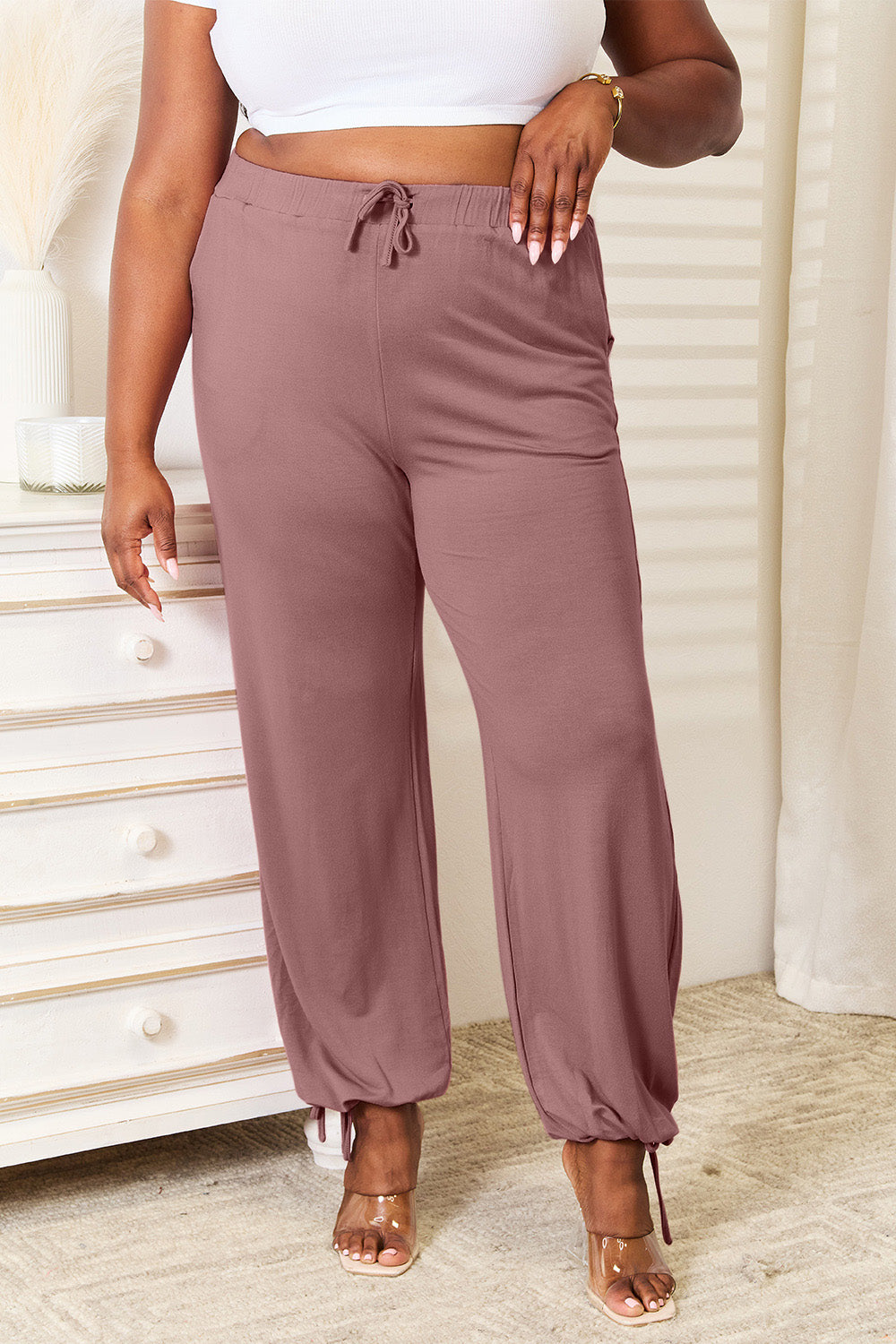 Basic Bae Full Size Soft Rayon Drawstring Waist Pants with Pockets Basic Bae Full Size Soft Rayon Drawstring Waist Pants with Pockets - TopFashionHQ