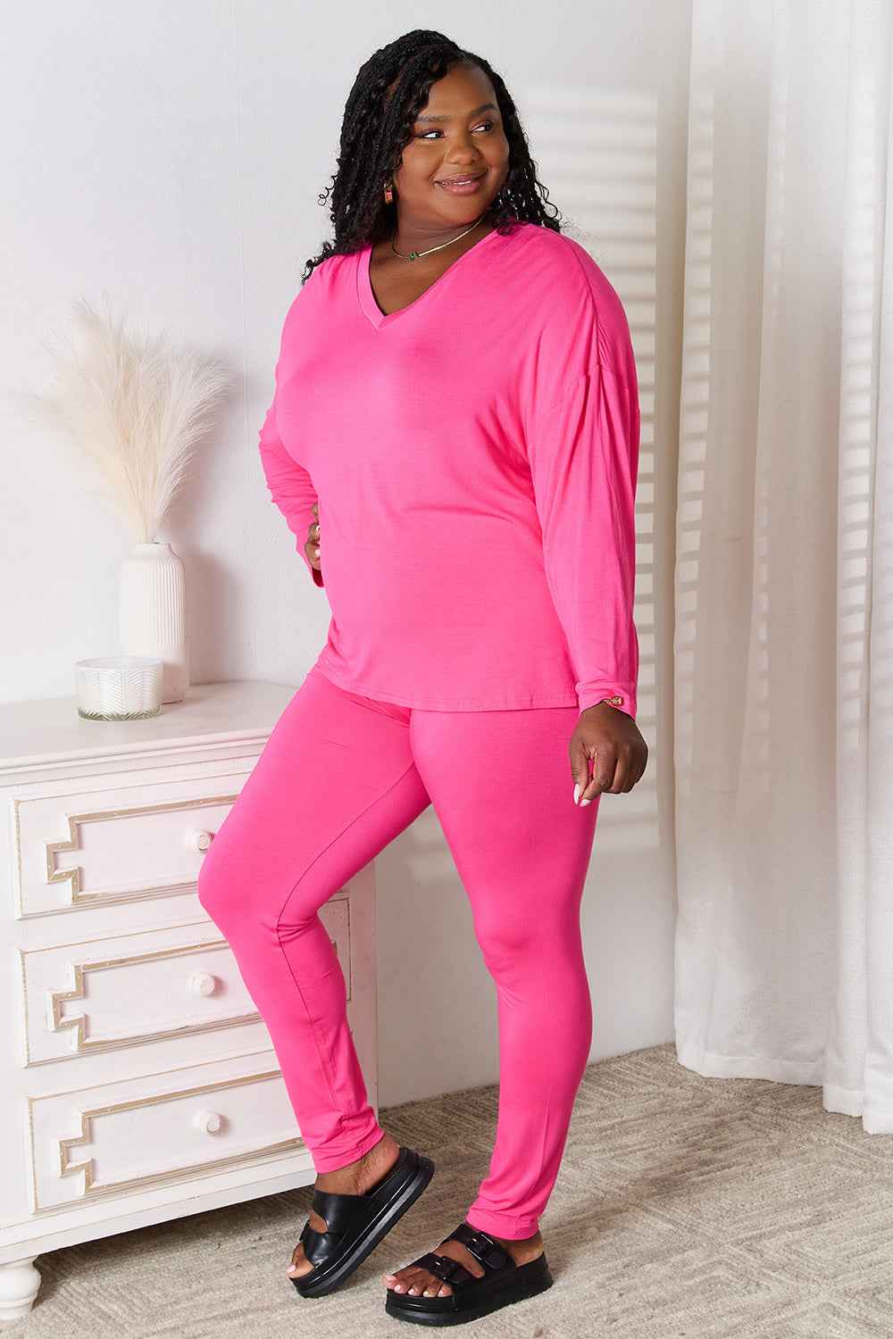 Basic Bae Full Size V-Neck Soft Rayon Long Sleeve Top and Pants Lounge Set Basic Bae Full Size V-Neck Soft Rayon Long Sleeve Top and Pants Lounge Set