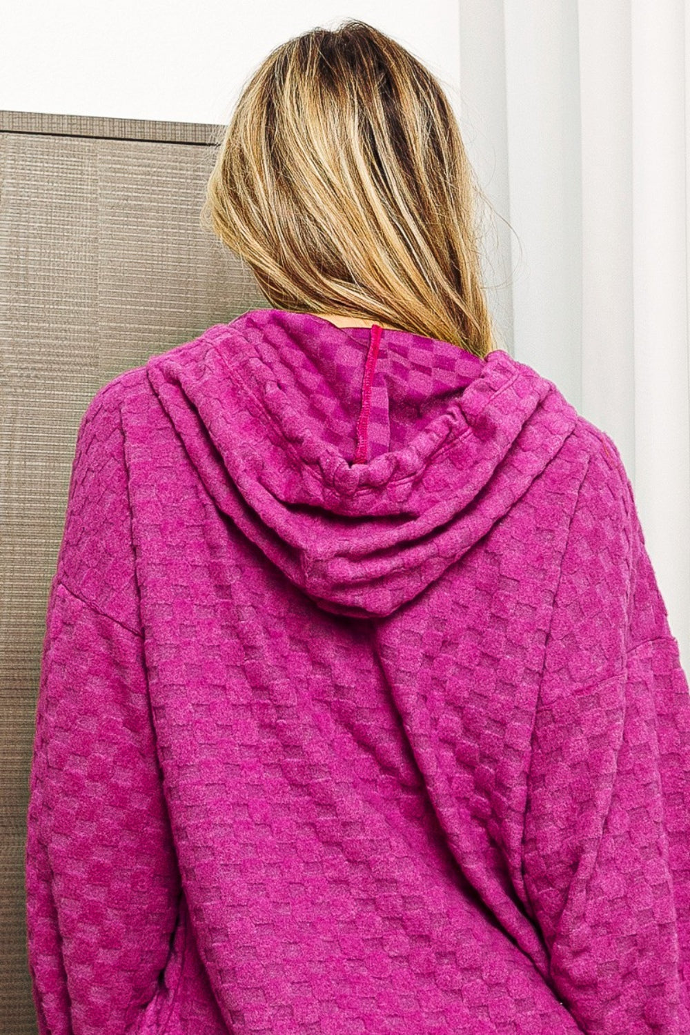 BiBi Brushed Checker Drawstring Long Sleeve Hoodie BiBi Brushed Checker Drawstring Long Sleeve Hoodie - TopFashionHQ