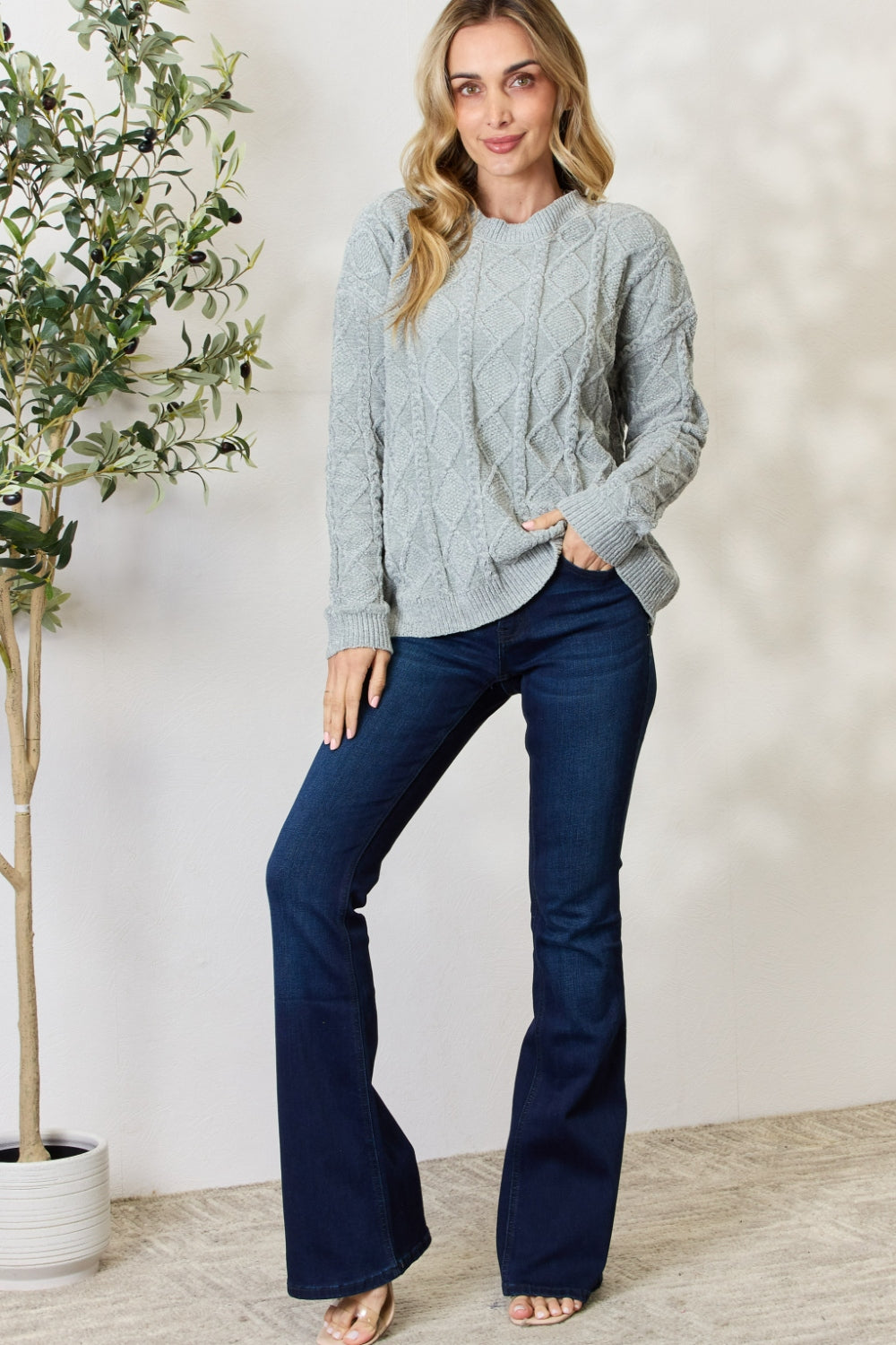 BiBi Cable Knit Round Neck Sweater BiBi Cable Knit Round Neck Sweater - TopFashionHQ