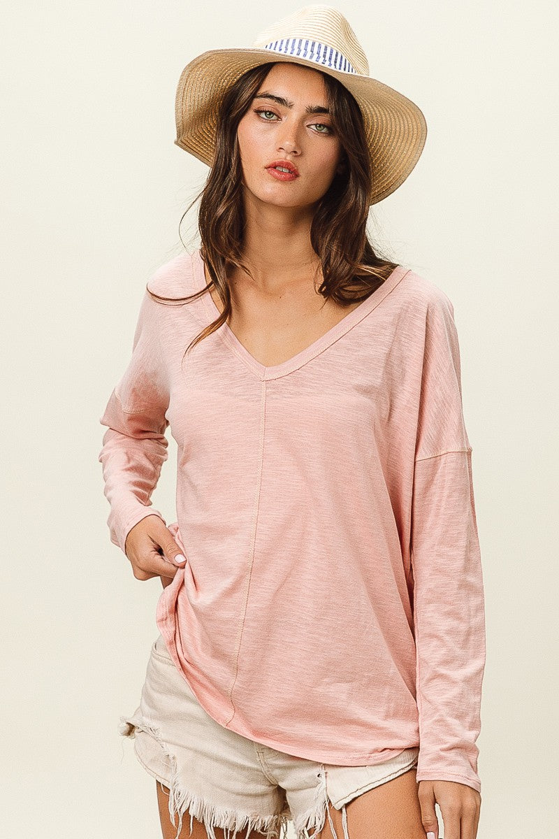 BiBi Exposed Seam V-Neck Long Sleeve T-Shirt BiBi Exposed Seam V-Neck Long Sleeve T-Shirt - TopFashionHQ