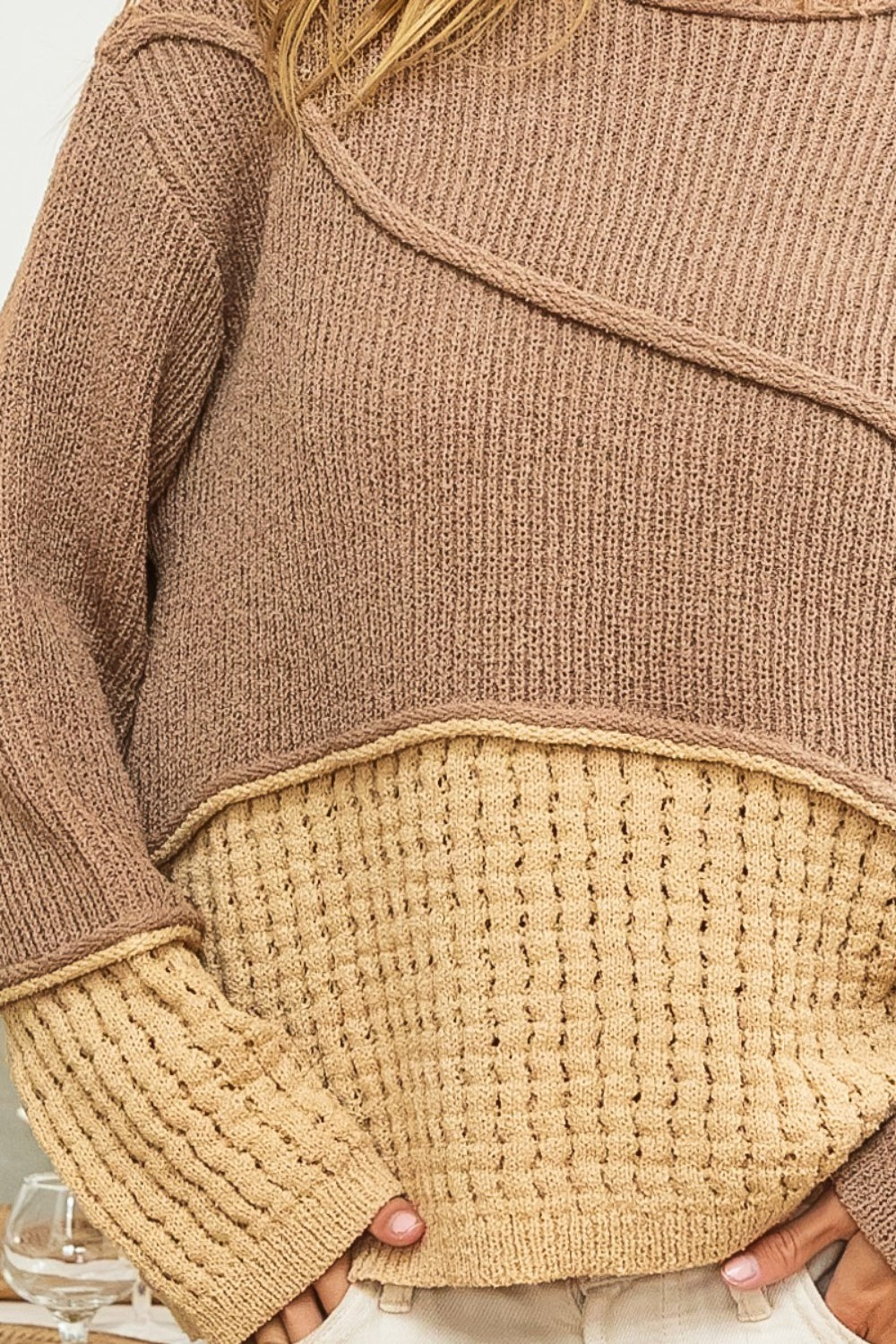 BiBi Texture Detail Contrast Drop Shoulder Sweater BiBi Texture Detail Contrast Drop Shoulder Sweater - TopFashionHQ