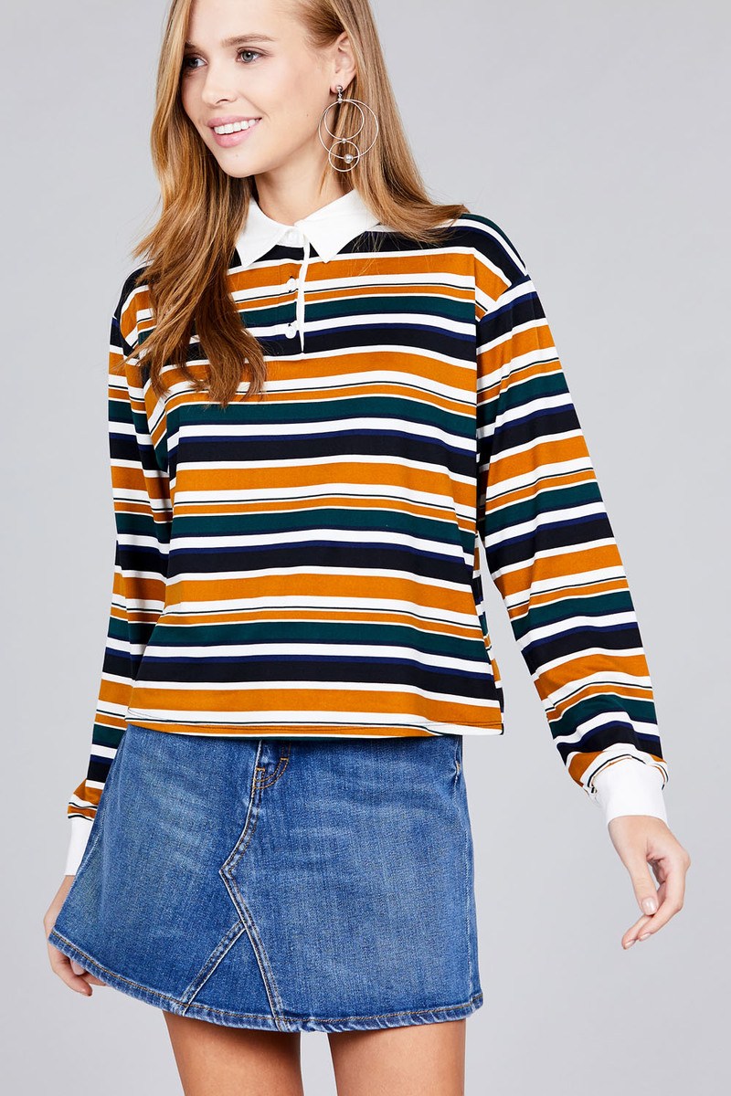 Ladies fashion plus size long sleeve multi striped dty brushed shirts product image