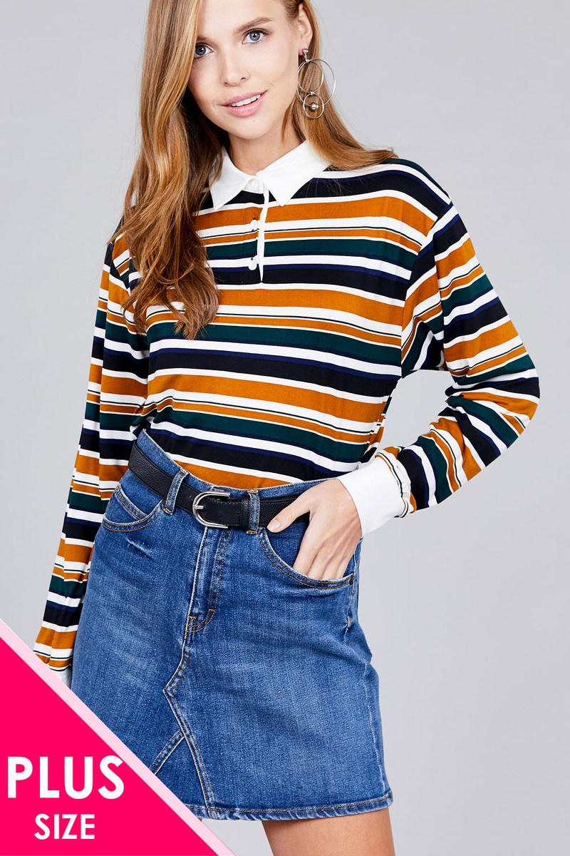Ladies fashion plus size long sleeve multi striped dty brushed shirts product image