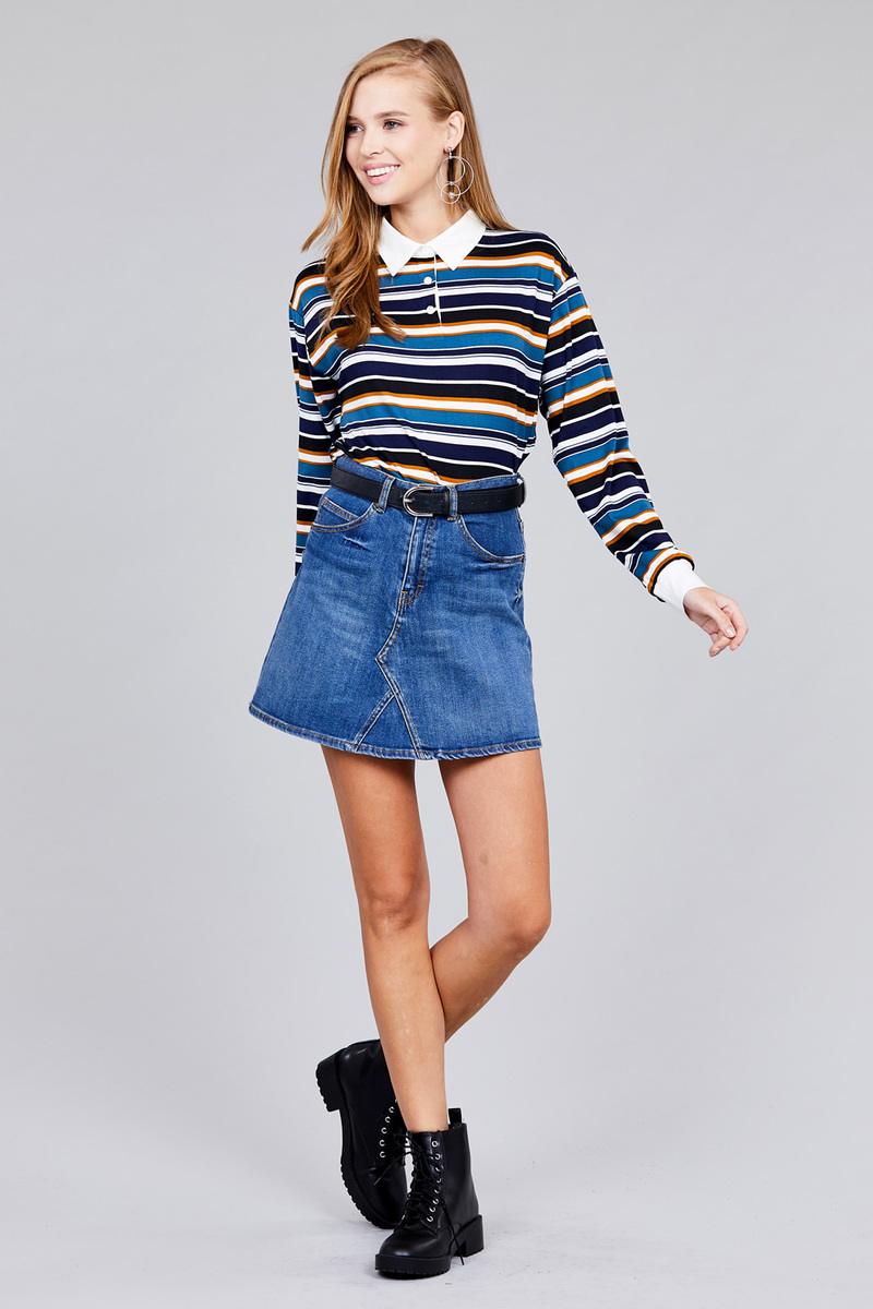 Ladies fashion plus size long sleeve multi striped dty brushed shirts product image