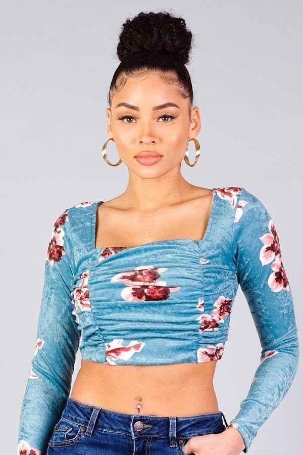 Ruched Velvet Floral Back Tie Crop Top Ruched Velvet Floral Back Tie Crop Top
