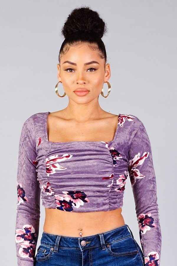 Ruched Velvet Floral Back Tie Crop Top Ruched Velvet Floral Back Tie Crop Top