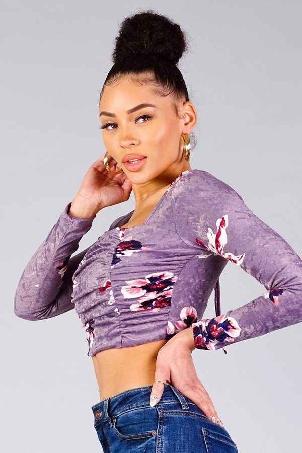Ruched Velvet Floral Back Tie Crop Top Ruched Velvet Floral Back Tie Crop Top