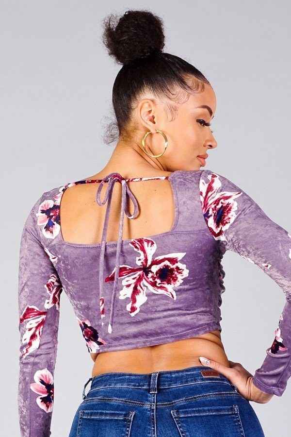 Ruched Velvet Floral Back Tie Crop Top Ruched Velvet Floral Back Tie Crop Top