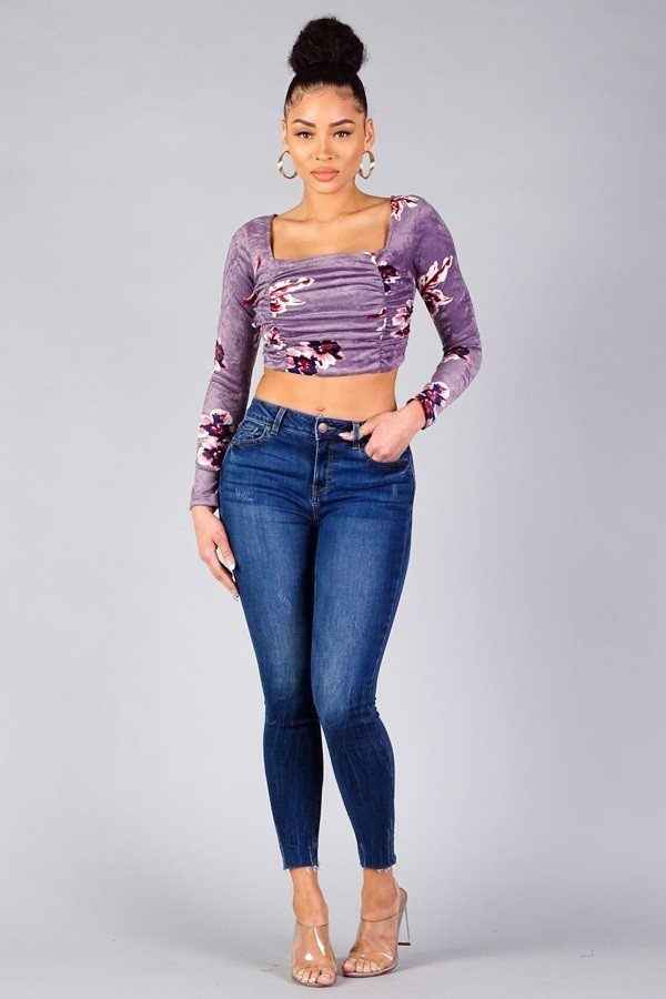 Ruched Velvet Floral Back Tie Crop Top Ruched Velvet Floral Back Tie Crop Top