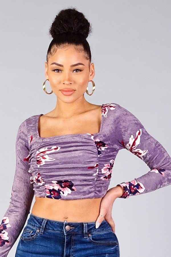 Ruched Velvet Floral Back Tie Crop Top Ruched Velvet Floral Back Tie Crop Top