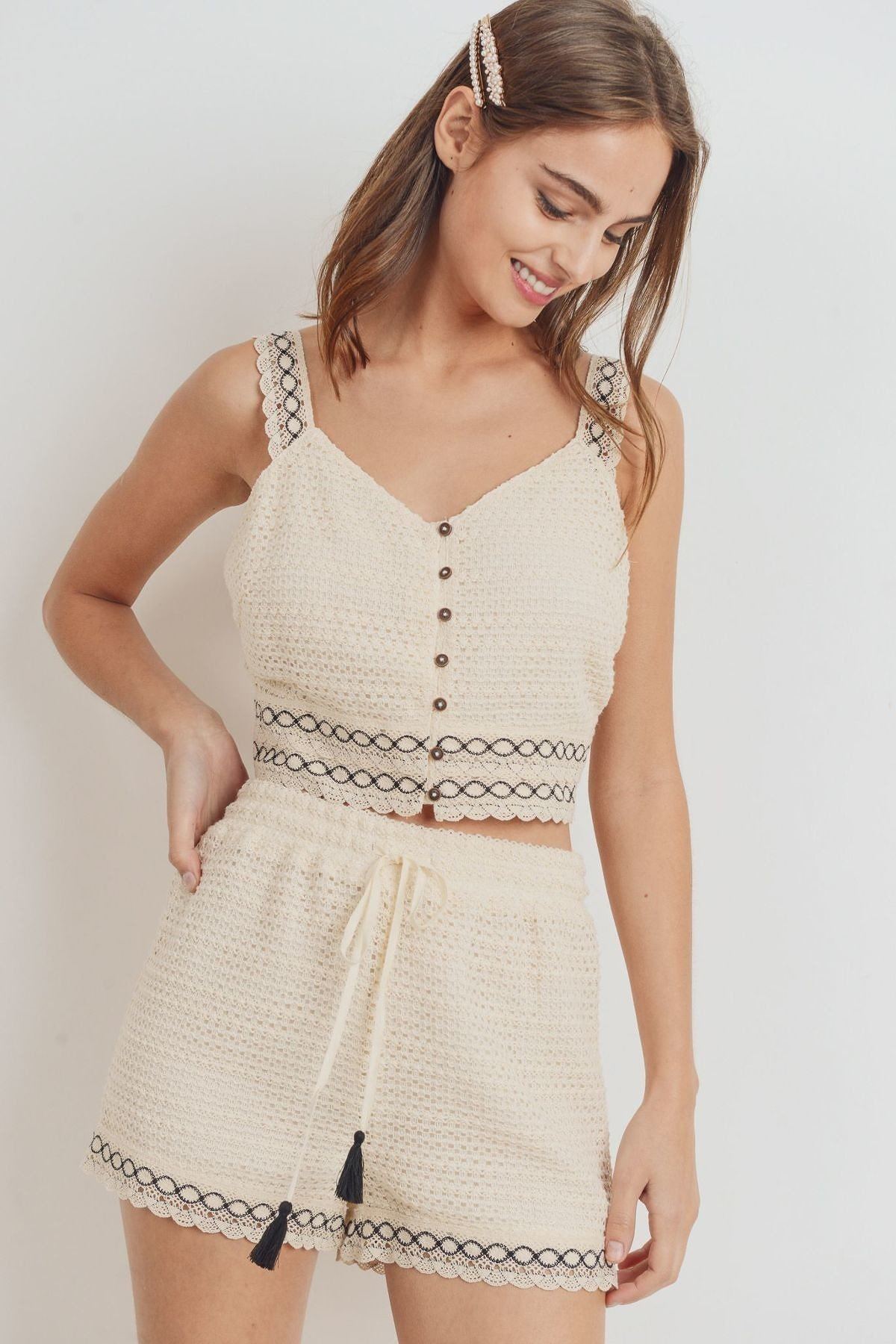 Knit Laced Buttoned Shoulder Strap Top product image