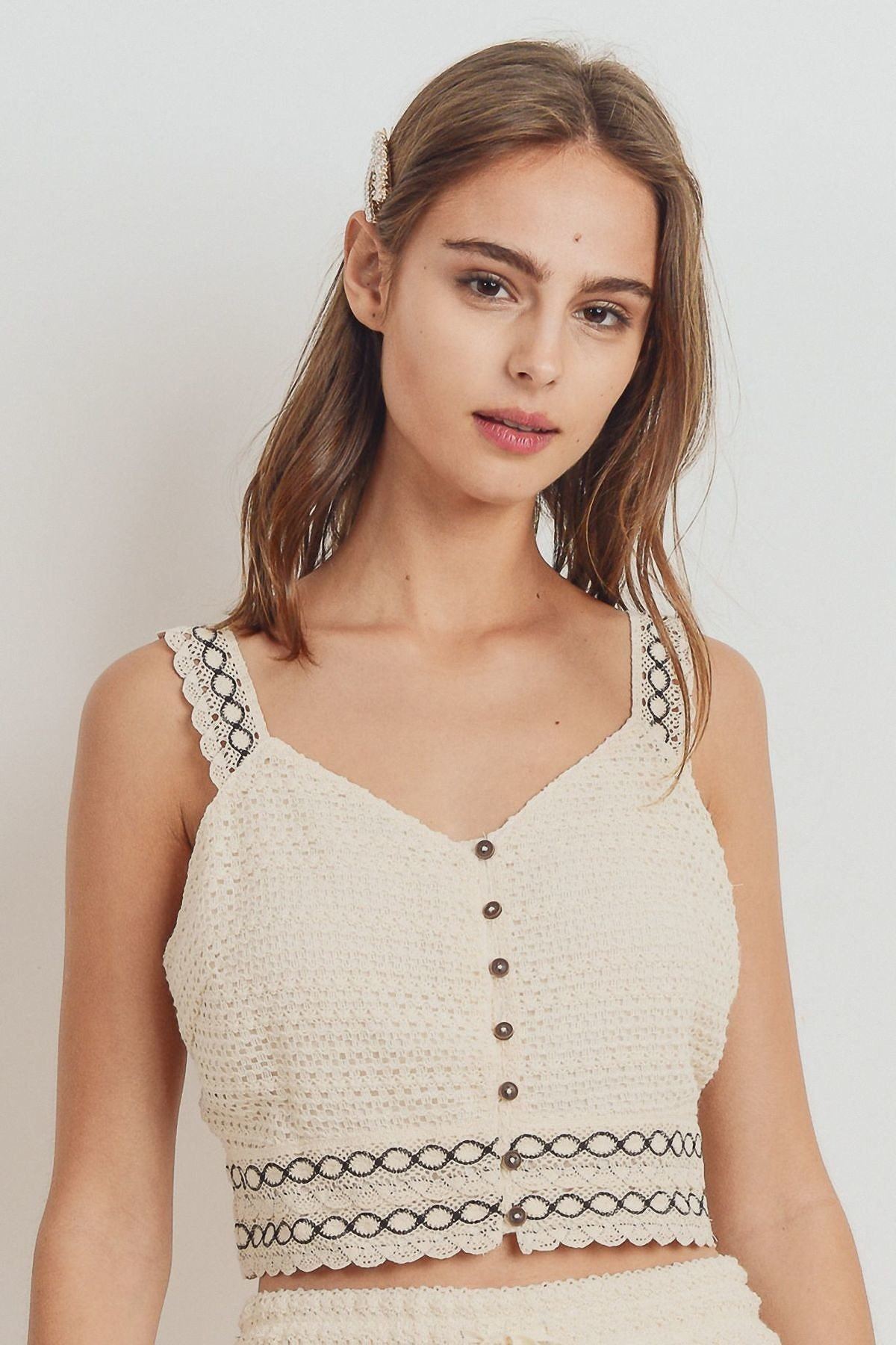 Knit Laced Buttoned Shoulder Strap Top product image