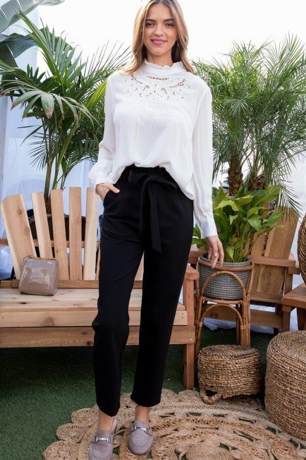 Ruffle High Waist Belt Side Pocket Front Zipper Solid Pants product image