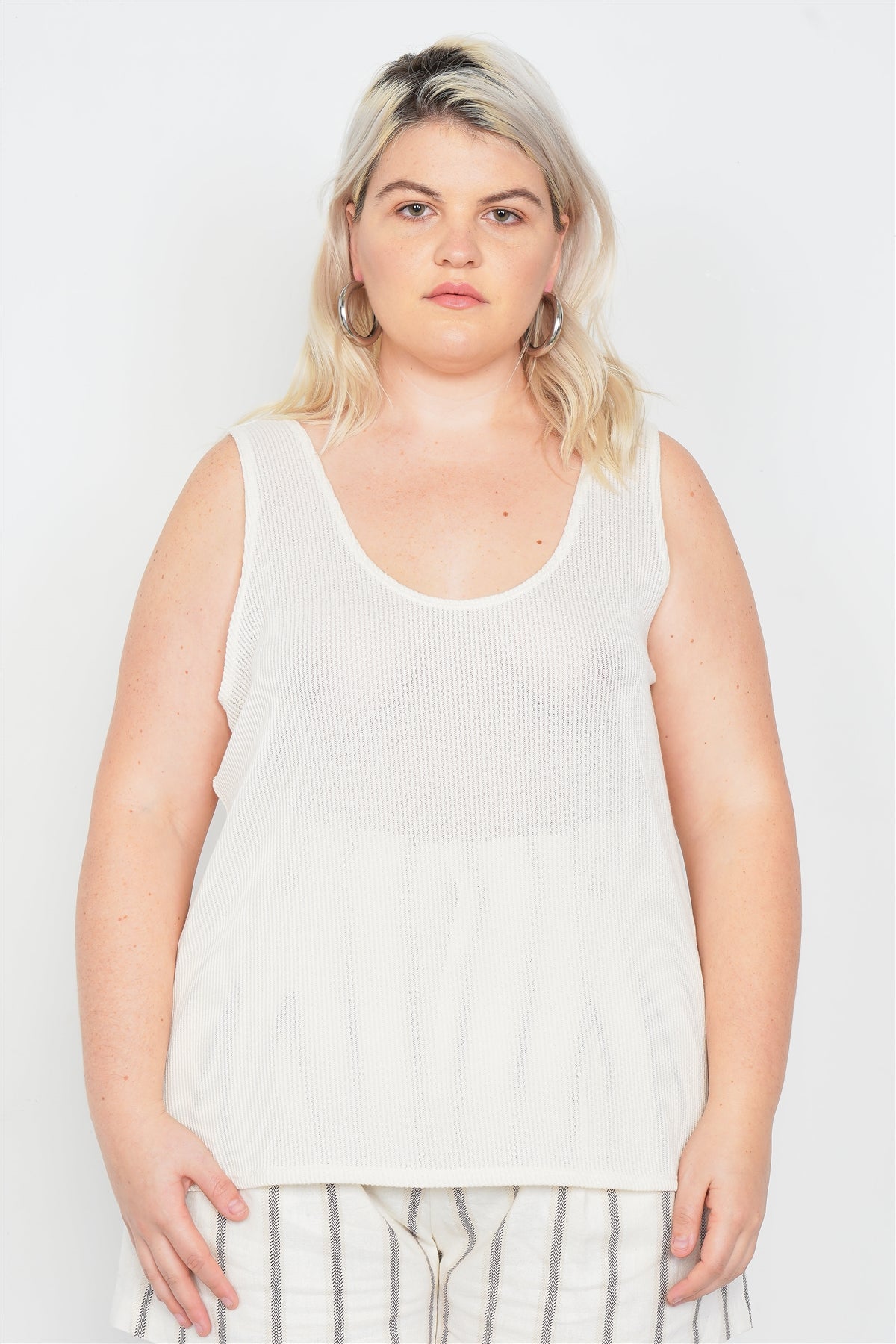Plus Size Sheer Ivory Ribbed Causal Tank Top product image