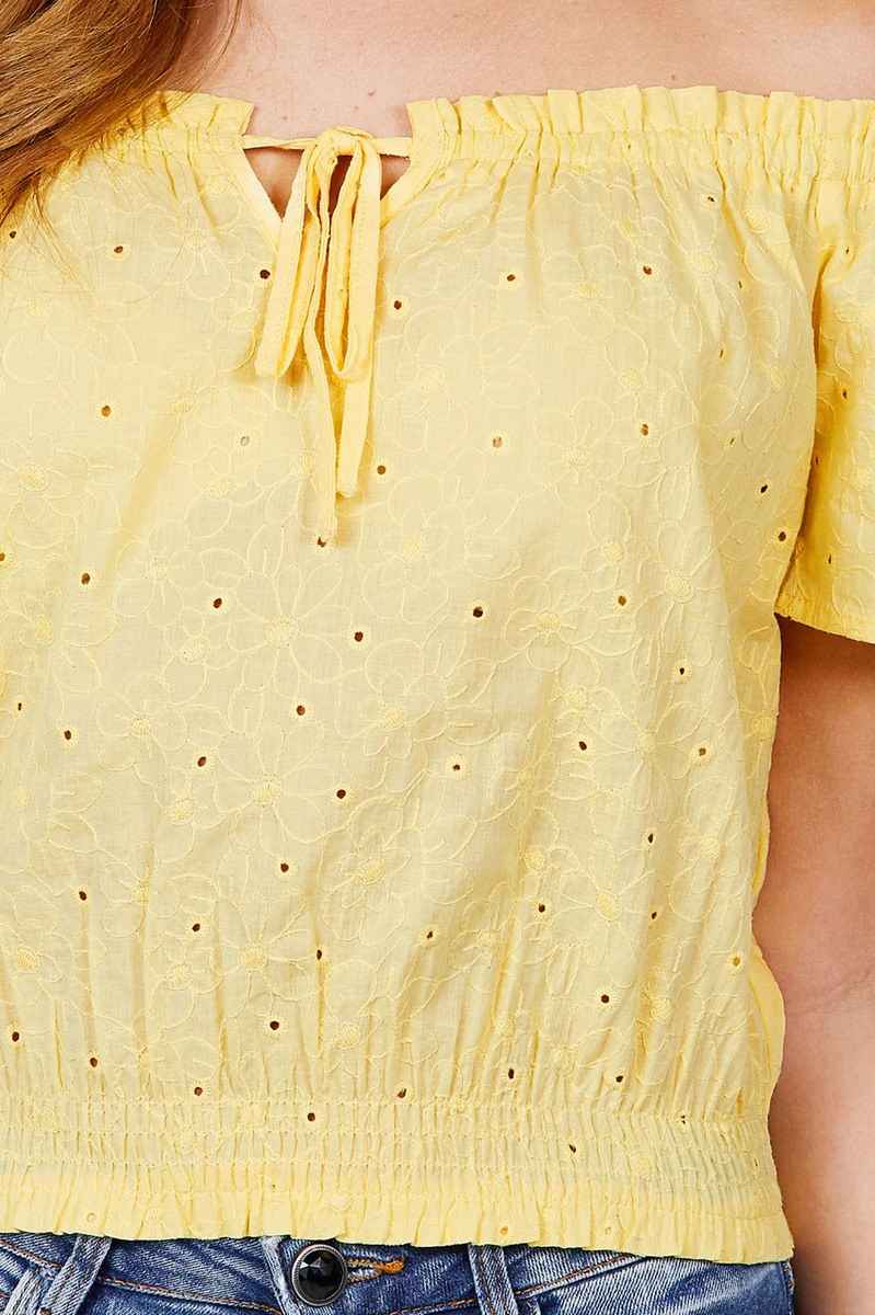 Short Sleeve Off The Shoulder Front Tie Detail Smocked Hem Eyelet Lace Woven Top Short Sleeve Off The Shoulder Front Tie Detail Smocked Hem Eyelet Lace Woven Top