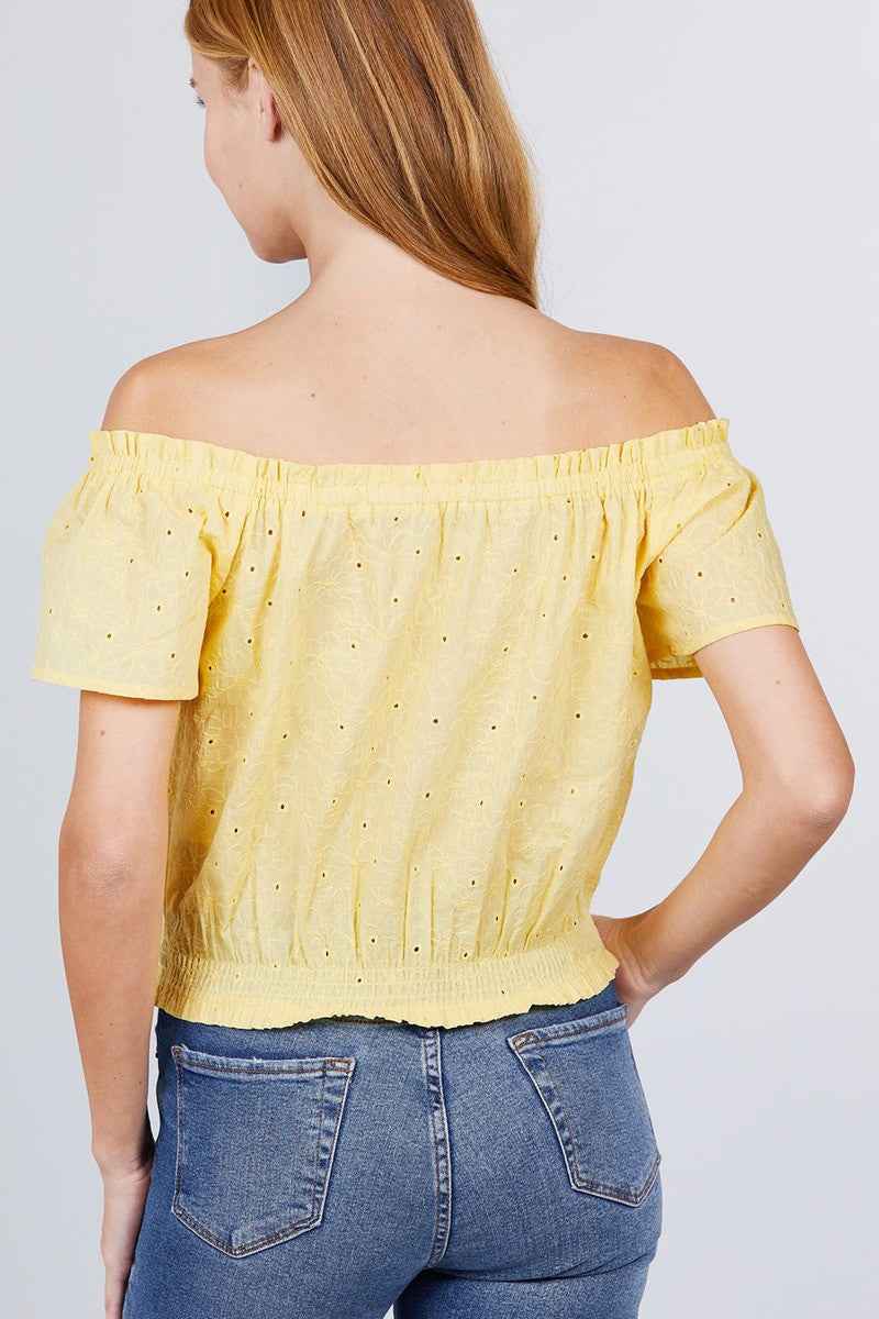 Short Sleeve Off The Shoulder Front Tie Detail Smocked Hem Eyelet Lace Woven Top Short Sleeve Off The Shoulder Front Tie Detail Smocked Hem Eyelet Lace Woven Top