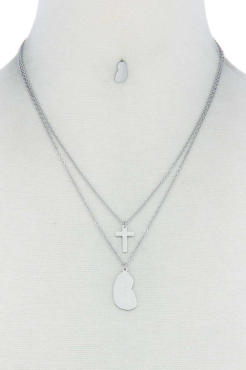 Stylish Double Layer Cross And Mary Necklace And Earring Set product image