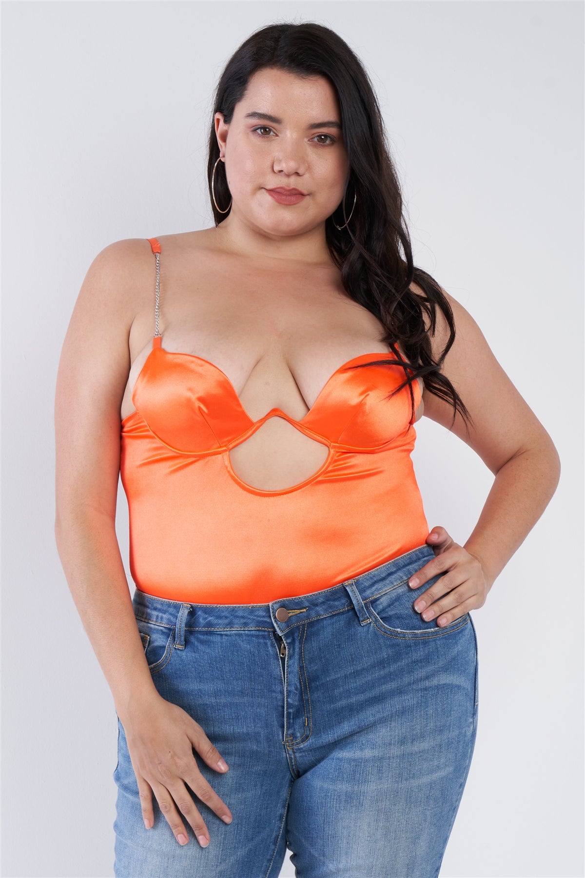 Plus Size Silk Chain Spaghetti Strap High Thong Center Cut Out Bodysuit product image