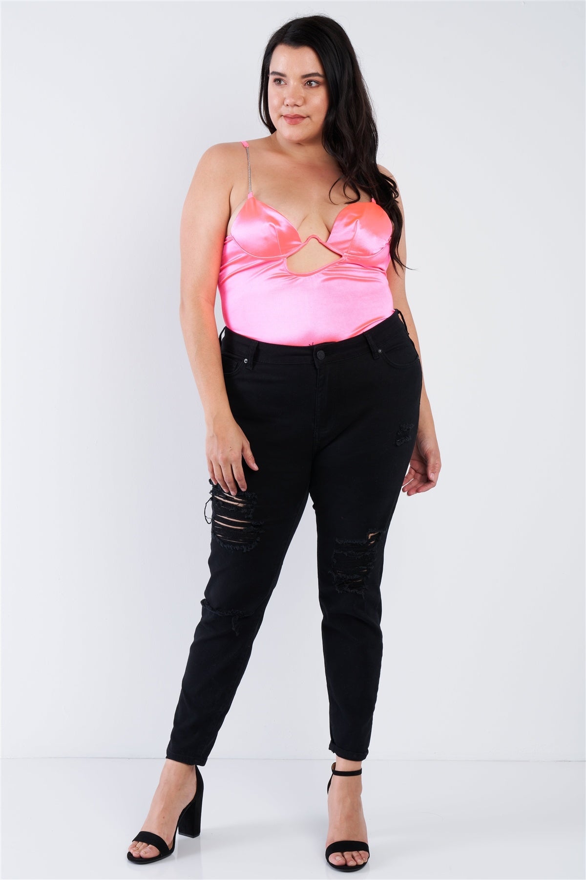 Plus Size Silk Chain Spaghetti Strap High Thong Center Cut Out Bodysuit product image