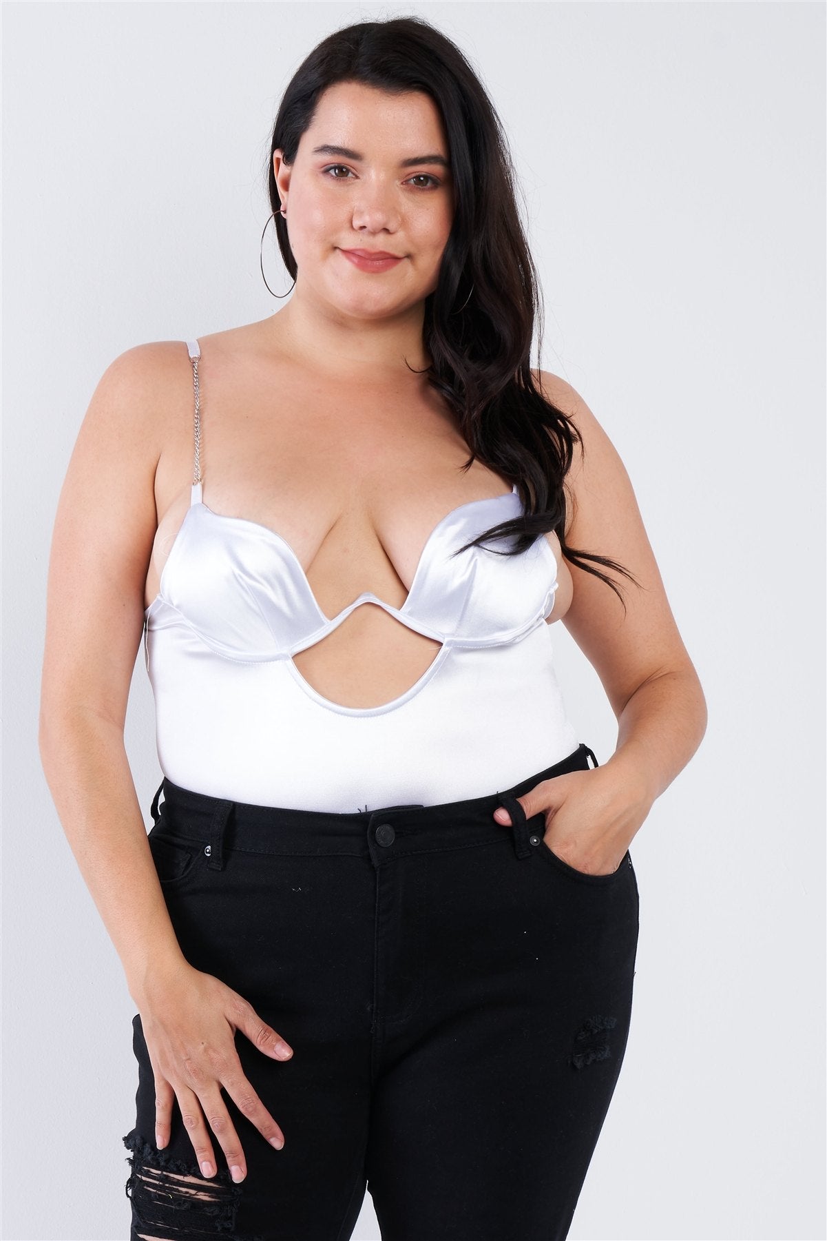 Plus Size Silk Chain Spaghetti Strap High Thong Center Cut Out Bodysuit product image
