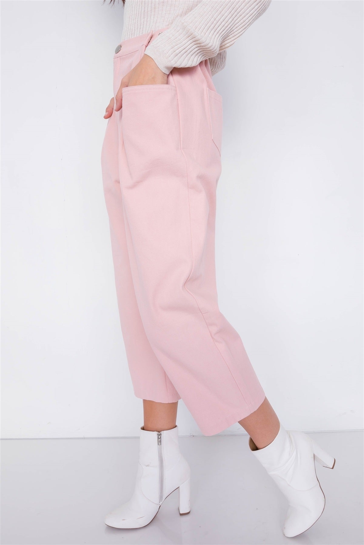 Pastel Chic Solid Ankle Wide Leg Adjustable Snap Waist Pants product image
