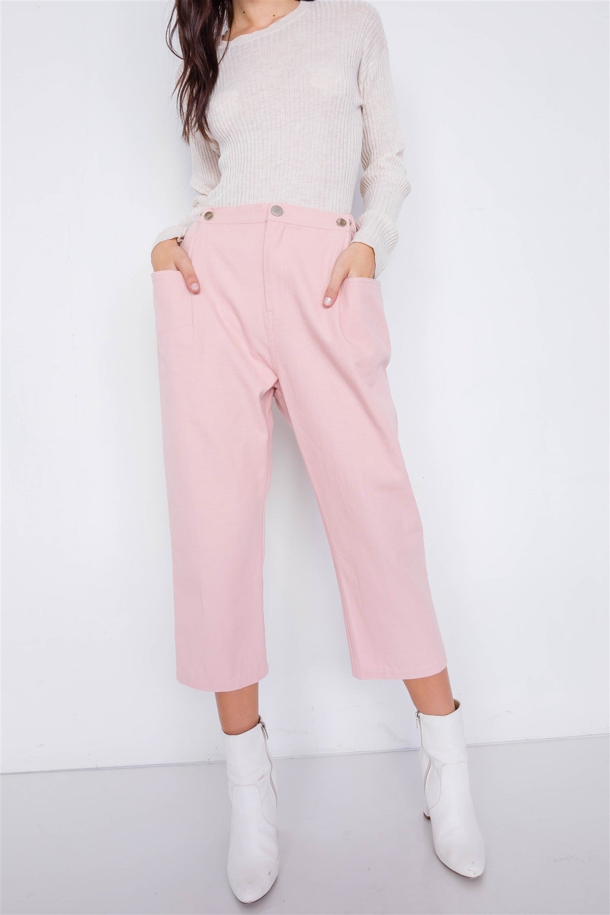 Pastel Chic Solid Ankle Wide Leg Adjustable Snap Waist Pants product image