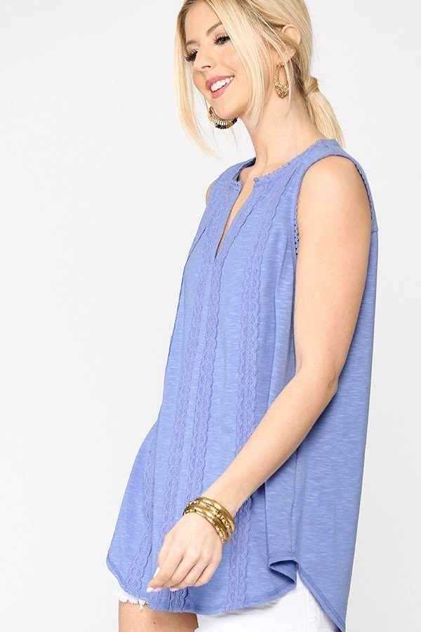 Sleeveless Lace Trim Tunic Top With Scoop Hem Sleeveless Lace Trim Tunic Top With Scoop Hem
