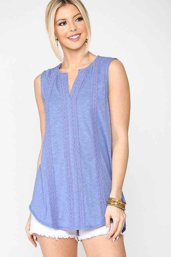 Sleeveless Lace Trim Tunic Top With Scoop Hem Sleeveless Lace Trim Tunic Top With Scoop Hem